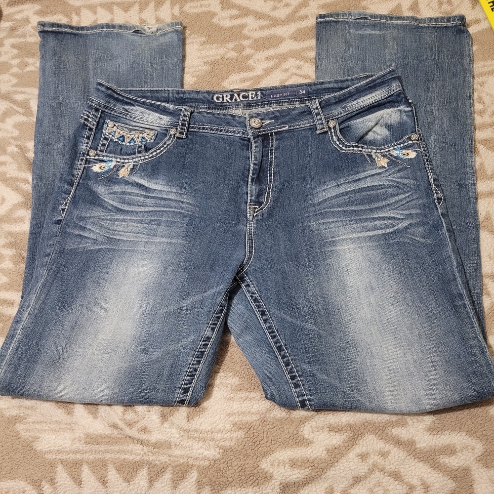 Grace In L.A. Blue Washed Women's Jeans - Mid Rise Straight